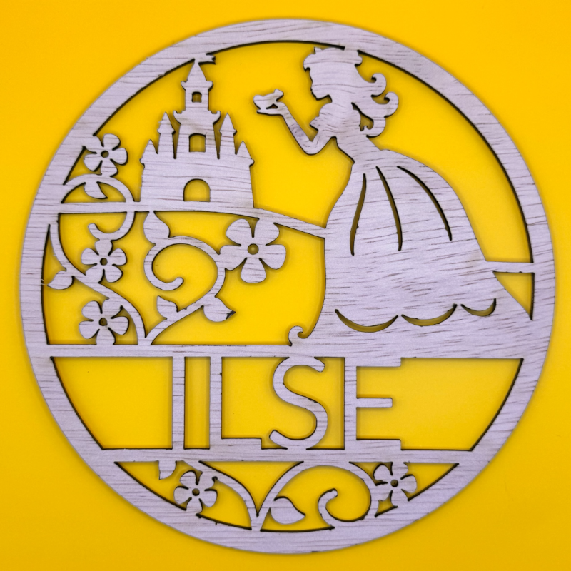 Houten naambordje met eigen gepersonaliseerde naam. Prinsessen design.