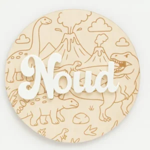 Naambordje van hout gegraveerd met dinosaurus thema en voorzien van jouw eigen naam