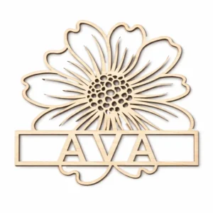 Een uitgesneden bloem van hout, gepersonaliseerd met jouw eigen gekozen naam