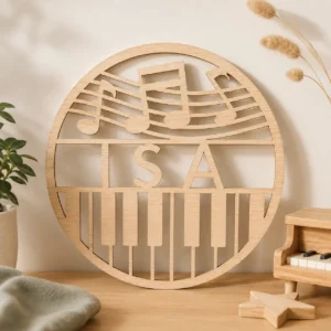 Houten gepersonaliseerd naambordje met piano toetsen en muzieknoten. Kies je eigen naam.