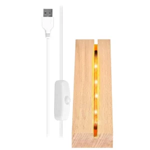 Gedetailleerde weergave van de houten sokkel met LED lampjes. De solide basis voor al onze lampen.
