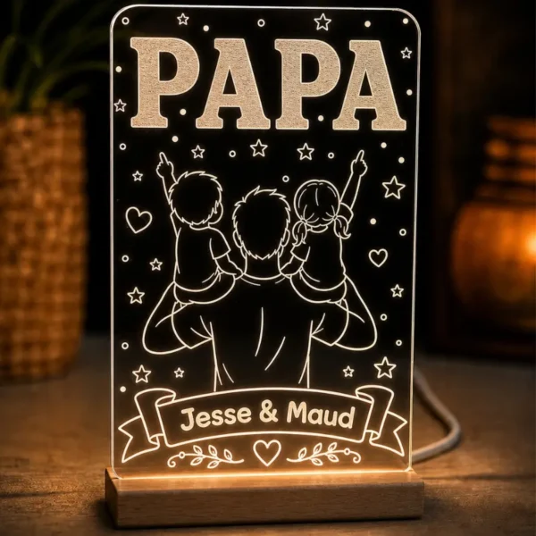 Gepersonaliseerd LED lampje papa met jongen en meisje – uniek vaderdag cadeau