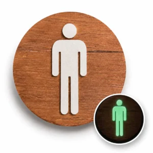 Houten zelfklevend deurbordje voor op de mannen wc. doorsnede van 10cm en makkelijk te bevestigen. Glow in the dark, waardoor het lang goed zichtbaar blijft.