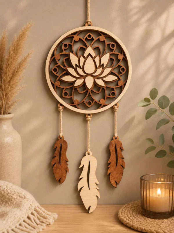 Houten Dromenvanger met Lotusbloem – Twee-laags Boho Decoratie