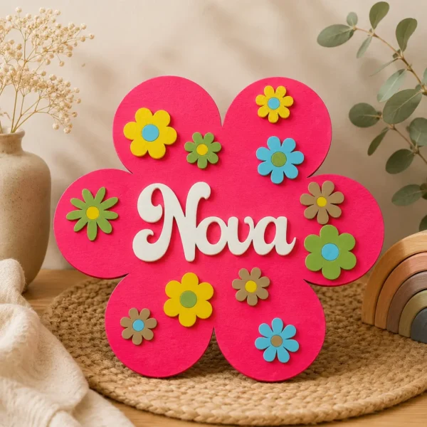 Gepersonaliseerd naambordje flower power – hout met 3D-geprinte naam en bloemen
