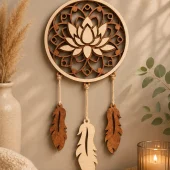 Houten dromenvanger met lotusbloem lasersnede en drie houten veren aan jute koord, boho wanddecoratie