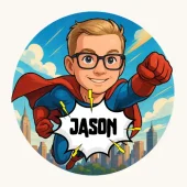 Gepersonaliseerd naambordje met je eigen naam en eigen gezicht als actieheld. Op maat gemaakt!